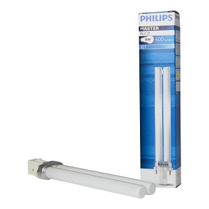 Philips compactlamp, 9W 2700K, 80-89 (klasse 1B), G23 (2-pins), 600lm, levensduur: 10000u, (DxL) 28x167mm, klasse A