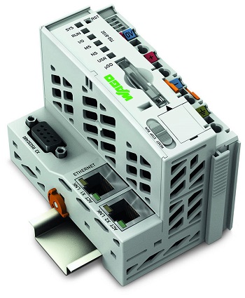 Wago, PLC basismodule, 24VDC, compact, max 128x I/O poort, NVRAM, 128kB, PFC100, 2ETH RS, 62x65x100mm (WxHxD).