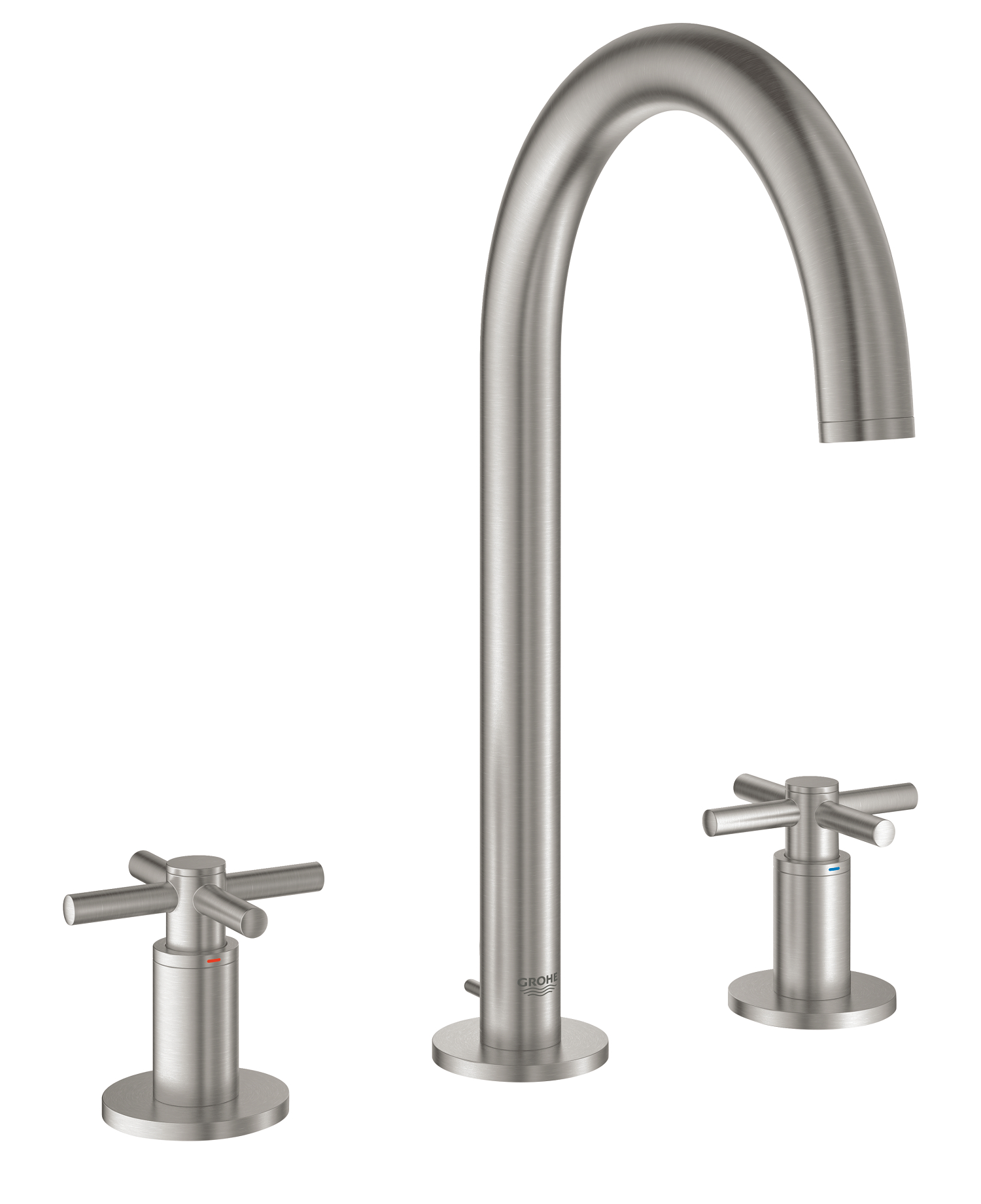 Grohe Atrio New, Wastafelmengkraan, M-size, trekwaste, tweegreeps kruis, 3-gats, 291mm hoogte, 166mm uitloop, draaibaar, supersteel