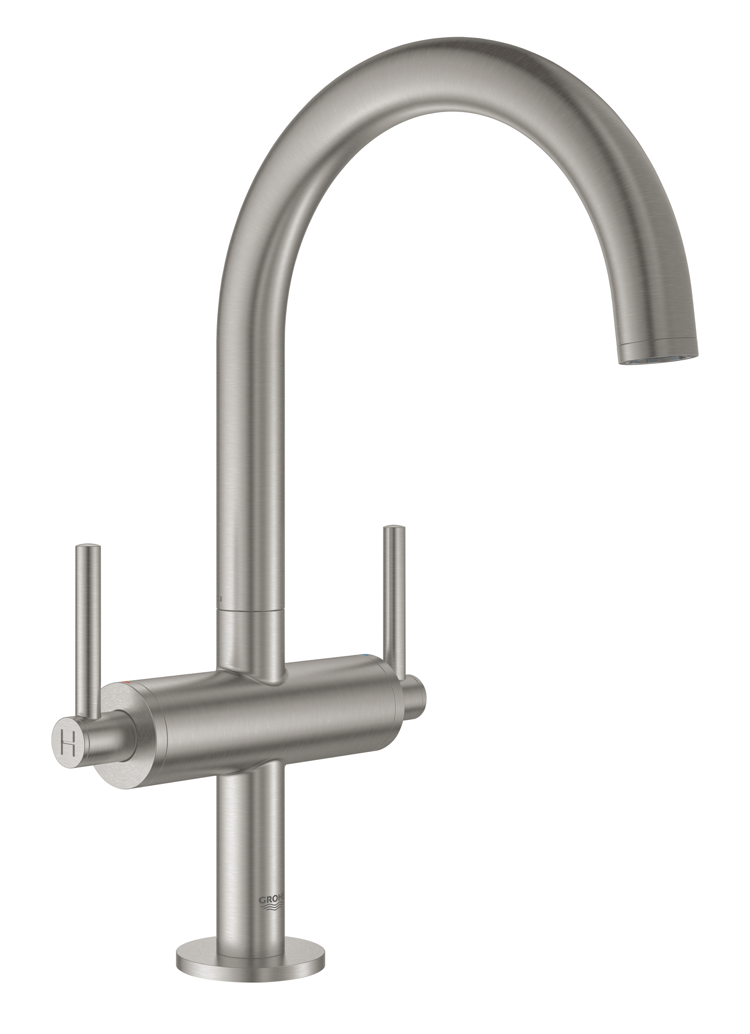 Grohe Atrio New, Wastafelmengkraan, L-size, PO waste, tweegreeps, 1-gats, 303mm hoogte, 166mm uitloop, draaibaar, supersteel