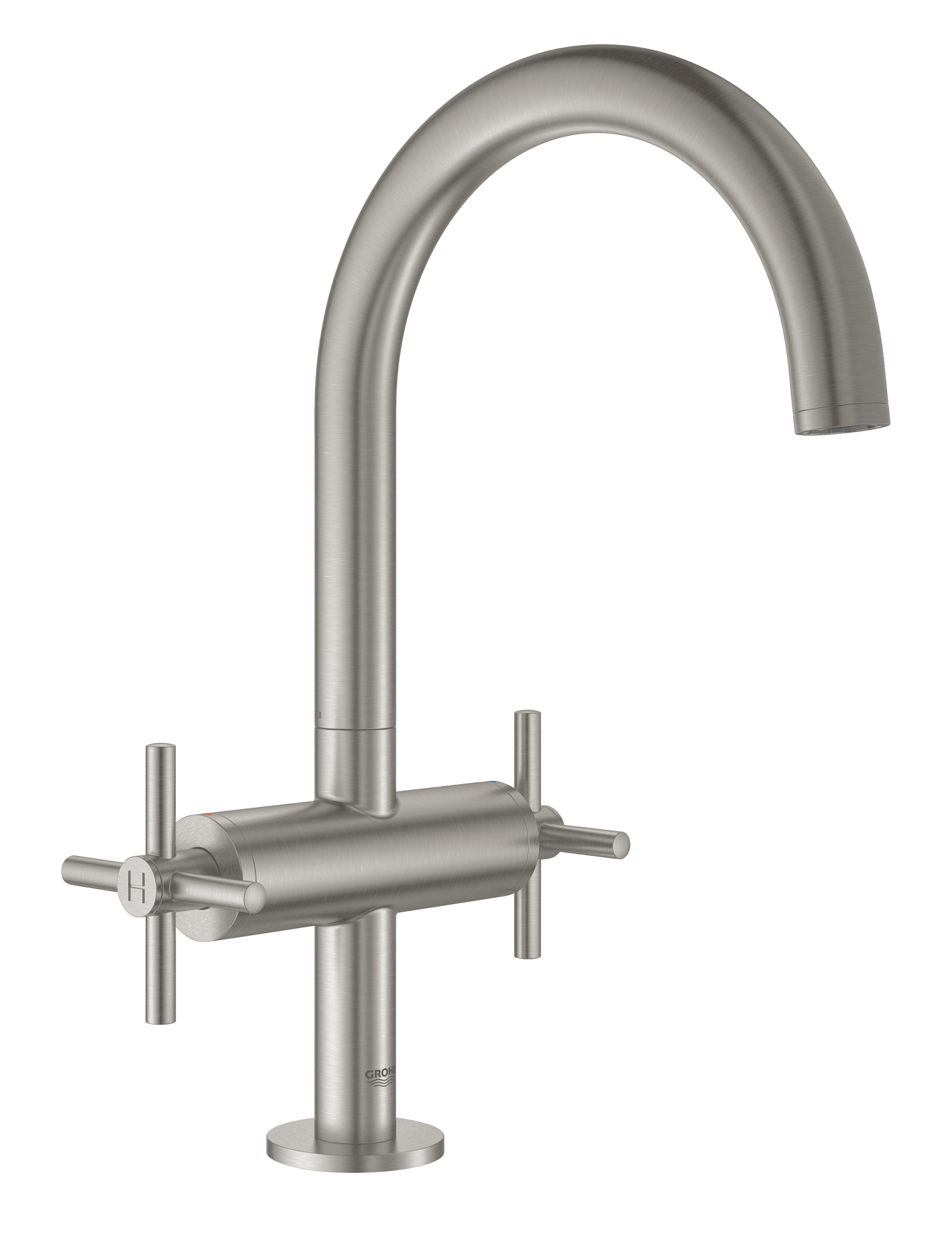 Grohe Atrio New, Wastafelmengkraan, L-size, PO waste, tweegreeps kruis, 1-gats, 303mm hoogte, 166mm uitloop, draaibaar, supersteel