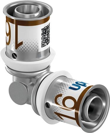 Uponor S-press, fitting, knie, 1-delig, hoek 90graden, aansluiting 1: 16mm persmof, aansluiting 2: 16mm persmof